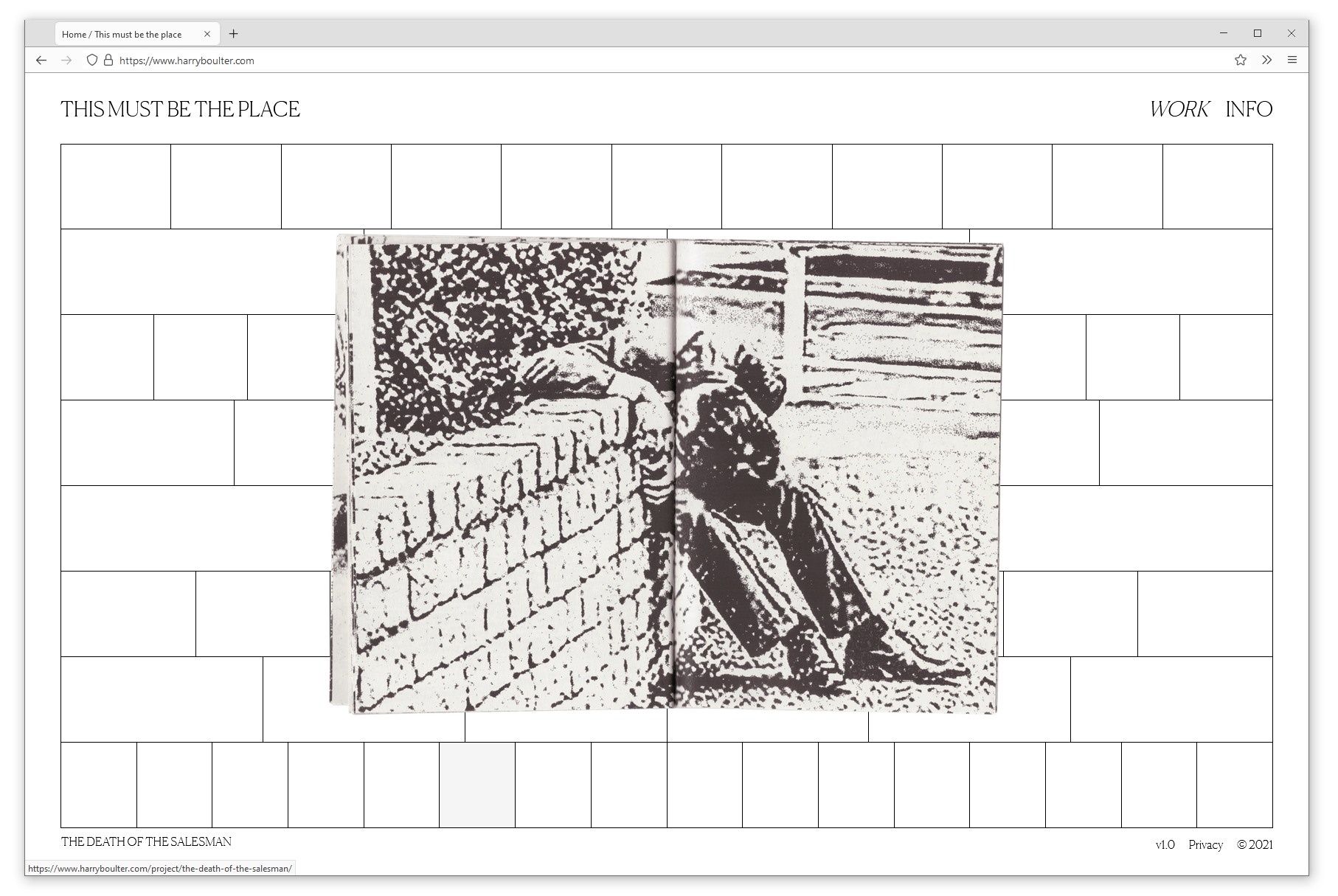 Browser screenshot showing website with an irregular grid and a large, black and white repropduction of an open book. Title reads: This must be the place