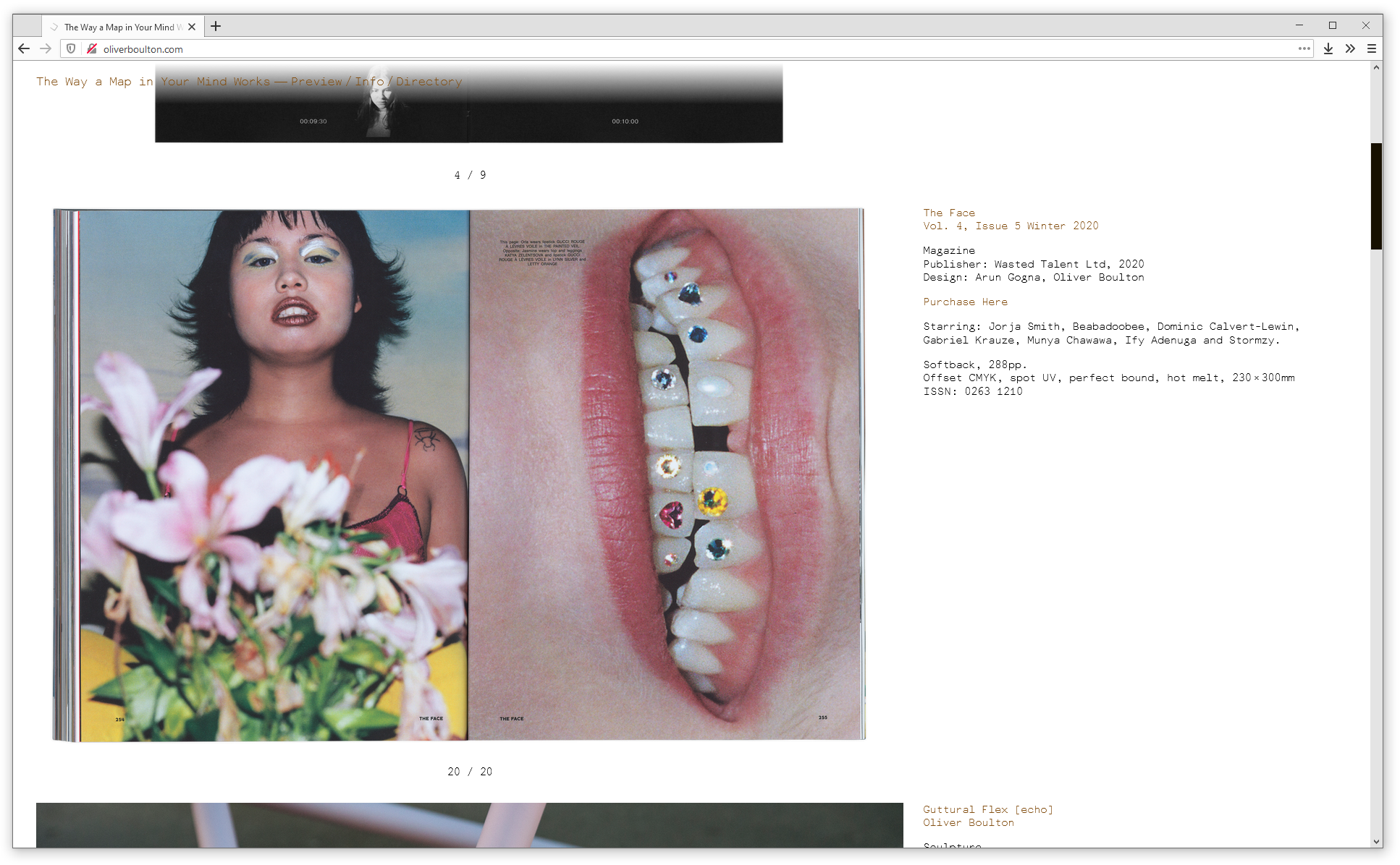 Screenshot of web browser showing oliverboulton.com. A scanned fashion magazine is visible next to small description text.'