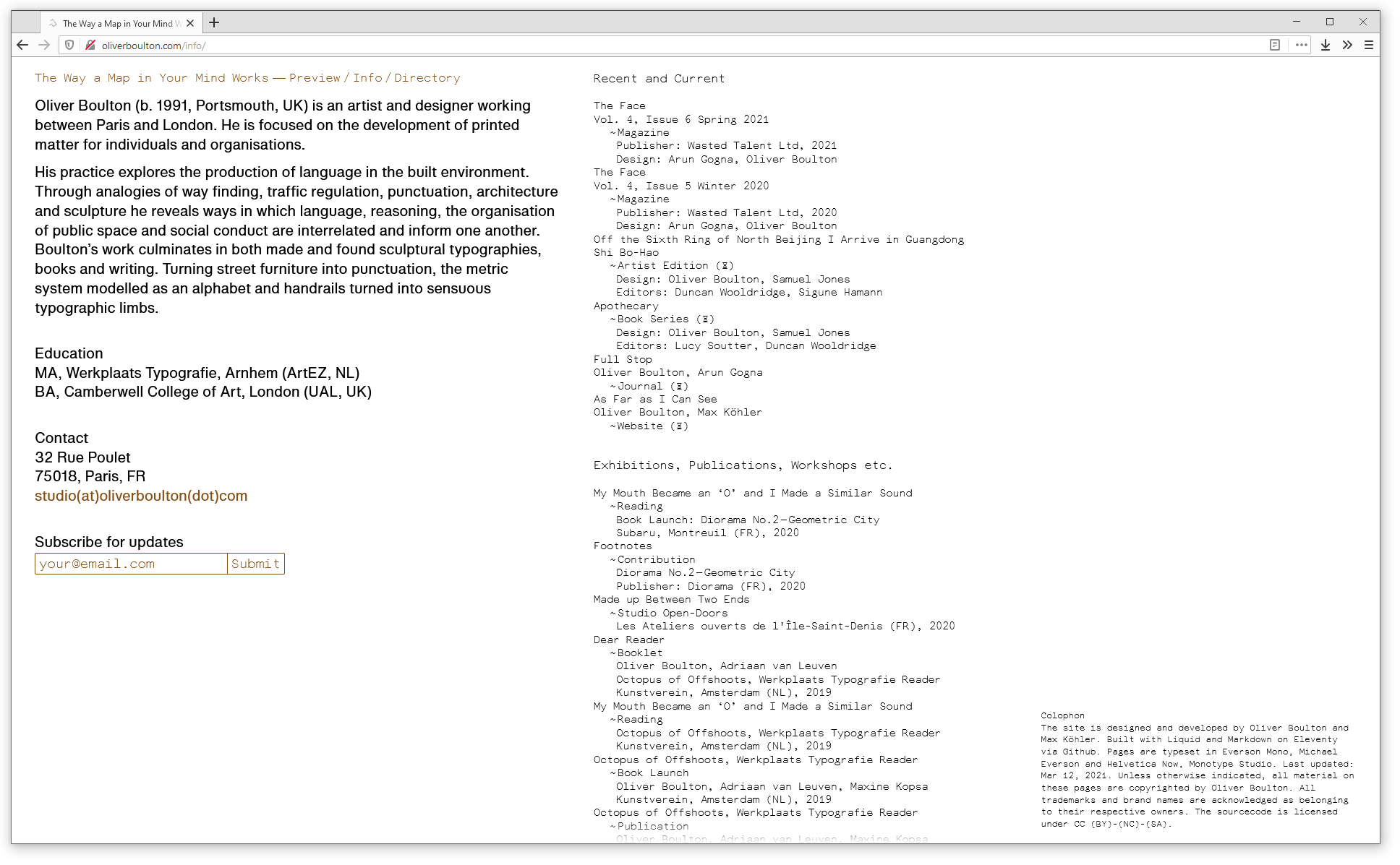 Screenshot of web browser showing the directorty page on oliverboulton.com. A list of project titles is visible on the right, while a detailed description of a single book project is on the left. The type is white on a deep brown-green background.