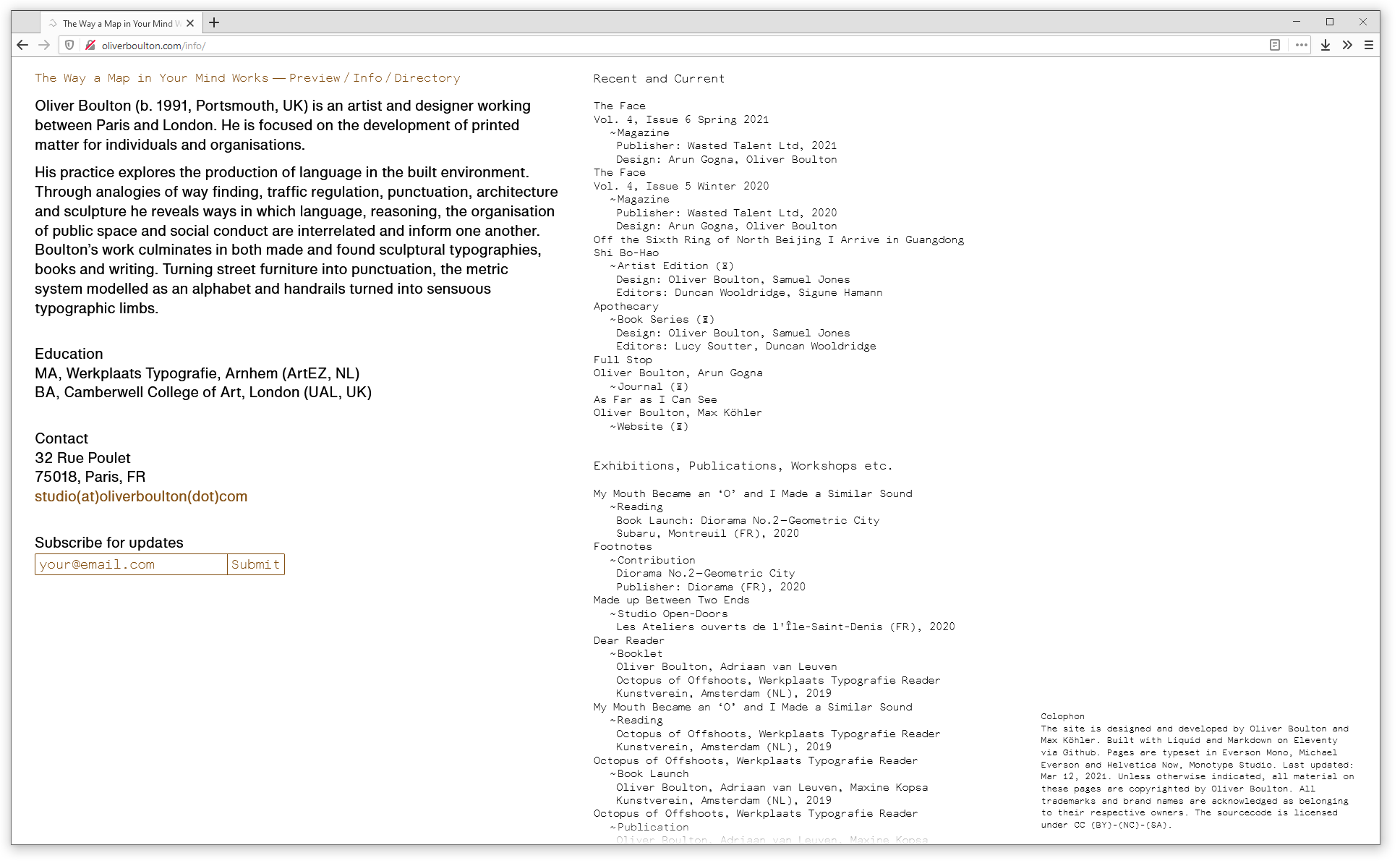 Screenshot of web browser showing the directorty page on oliverboulton.com. A list of project titles is visible on the right, while a detailed description of a single book project is on the left. The type is white on  a deep brown-green background.