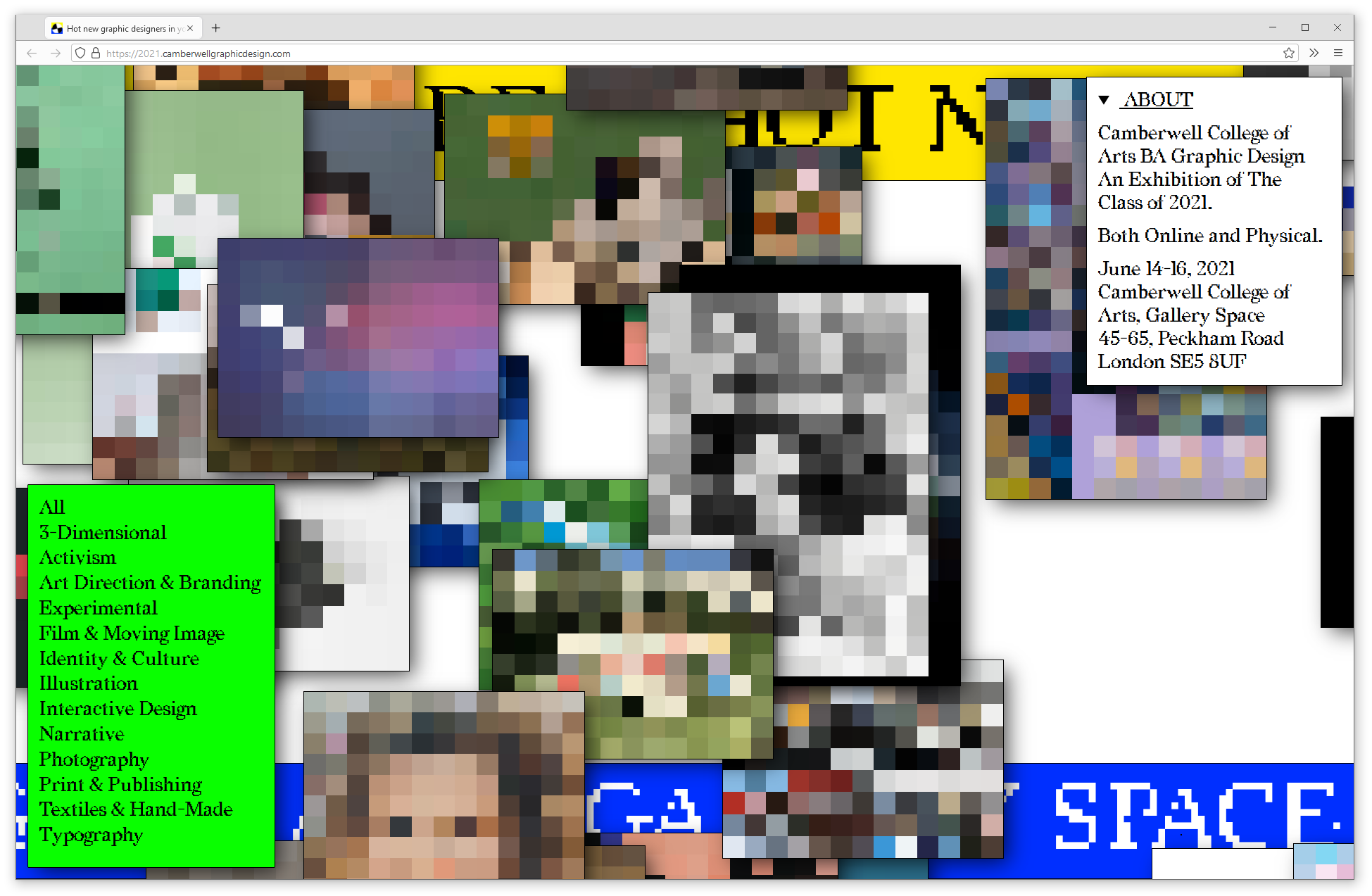 Browser screenshot showing degree show website