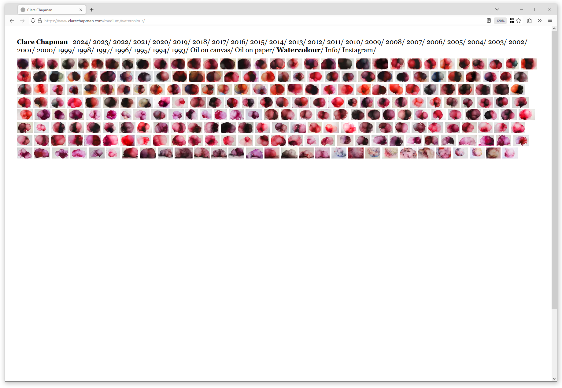 Browser screenshot showing website with a list of years from 1988 to 2024 and many small reproductions of abstract paintings