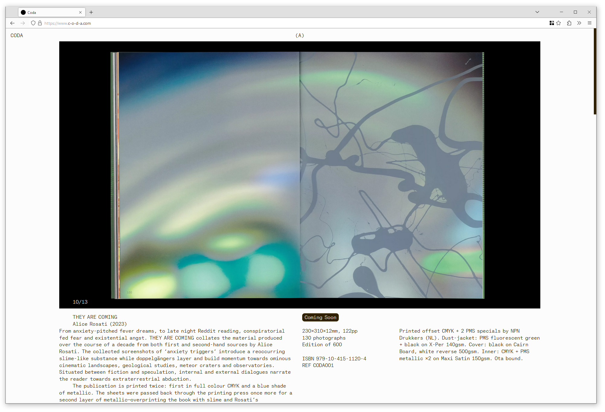 Browser screenshot showing website with large image of open book and small, monospaced type. Title reads: Ex. Coda