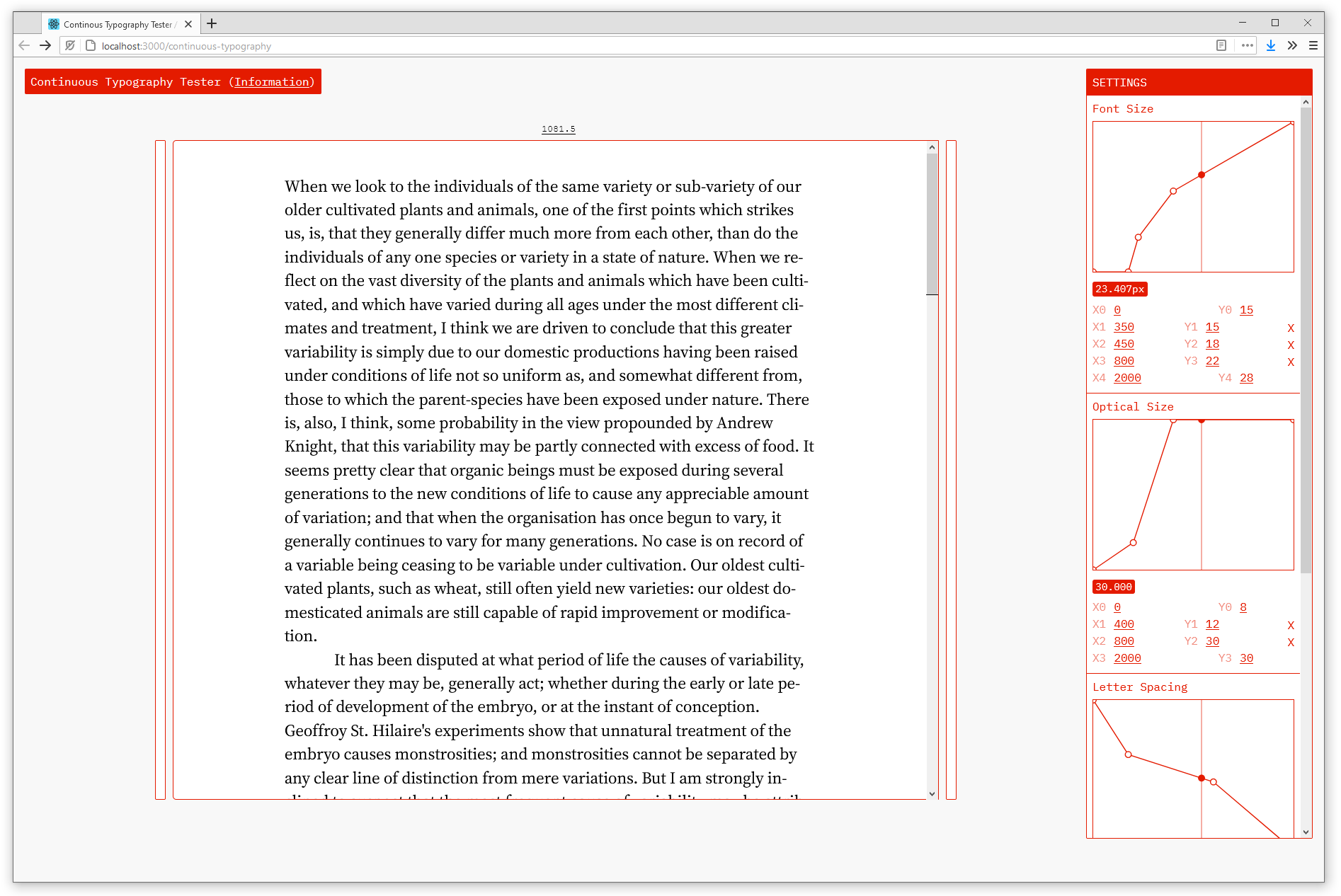 Screenshot of user interface with a large paragraph of dummy text on the left, and a series of function graphs on the left