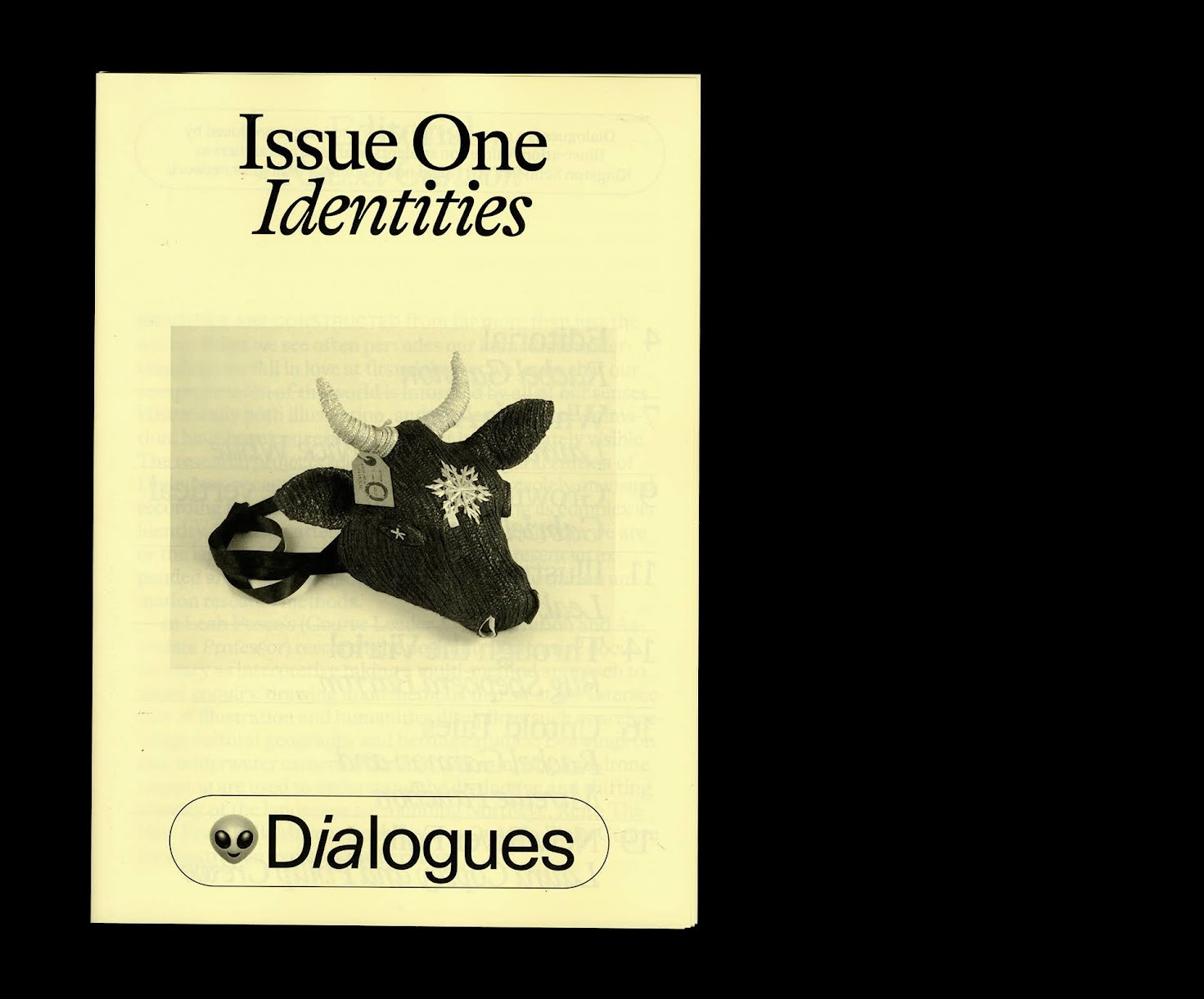 Scan shows publication cover printed on light yellow paper. Title in large serif type reads: Issue One / Identities / Dialogues