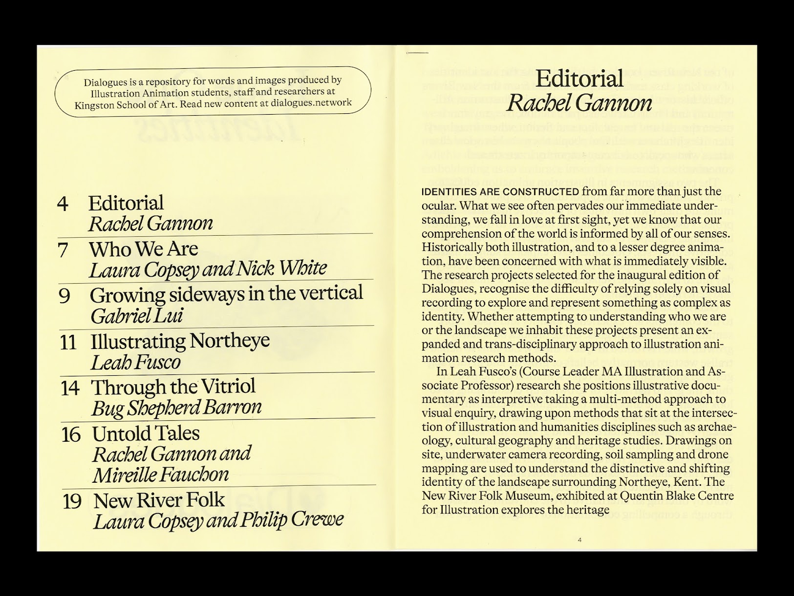 Scan shows inside pages of publication printed on light yellow paper. Left: Table of contents, Right: Editorial printed in large serif type.