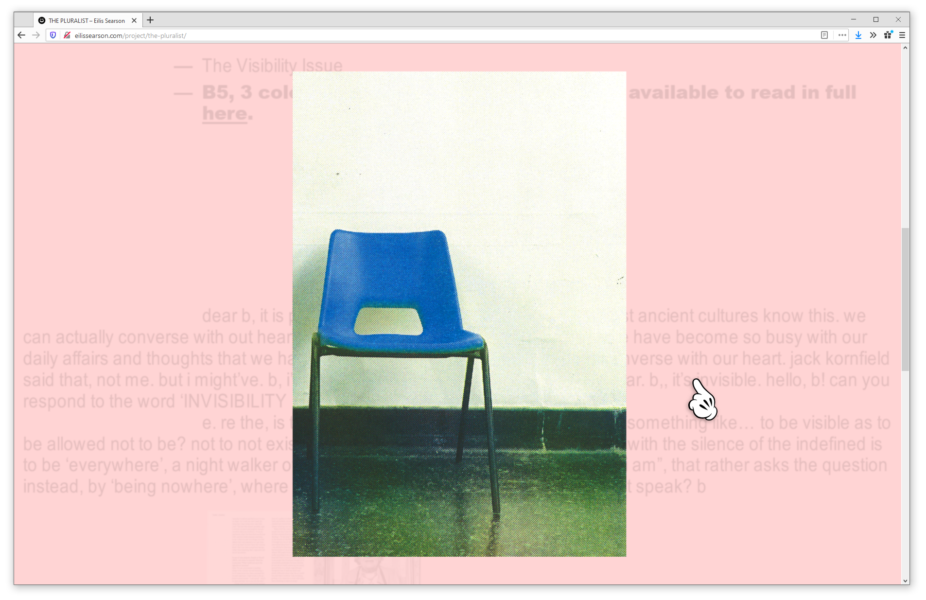 Screenshot of web browser showing a project page on eilissearson.com. A large image of a blue plastic chair on a shiny green floor appears on a light pink background. The cursor looks like  Mickey Mouse's hand. 