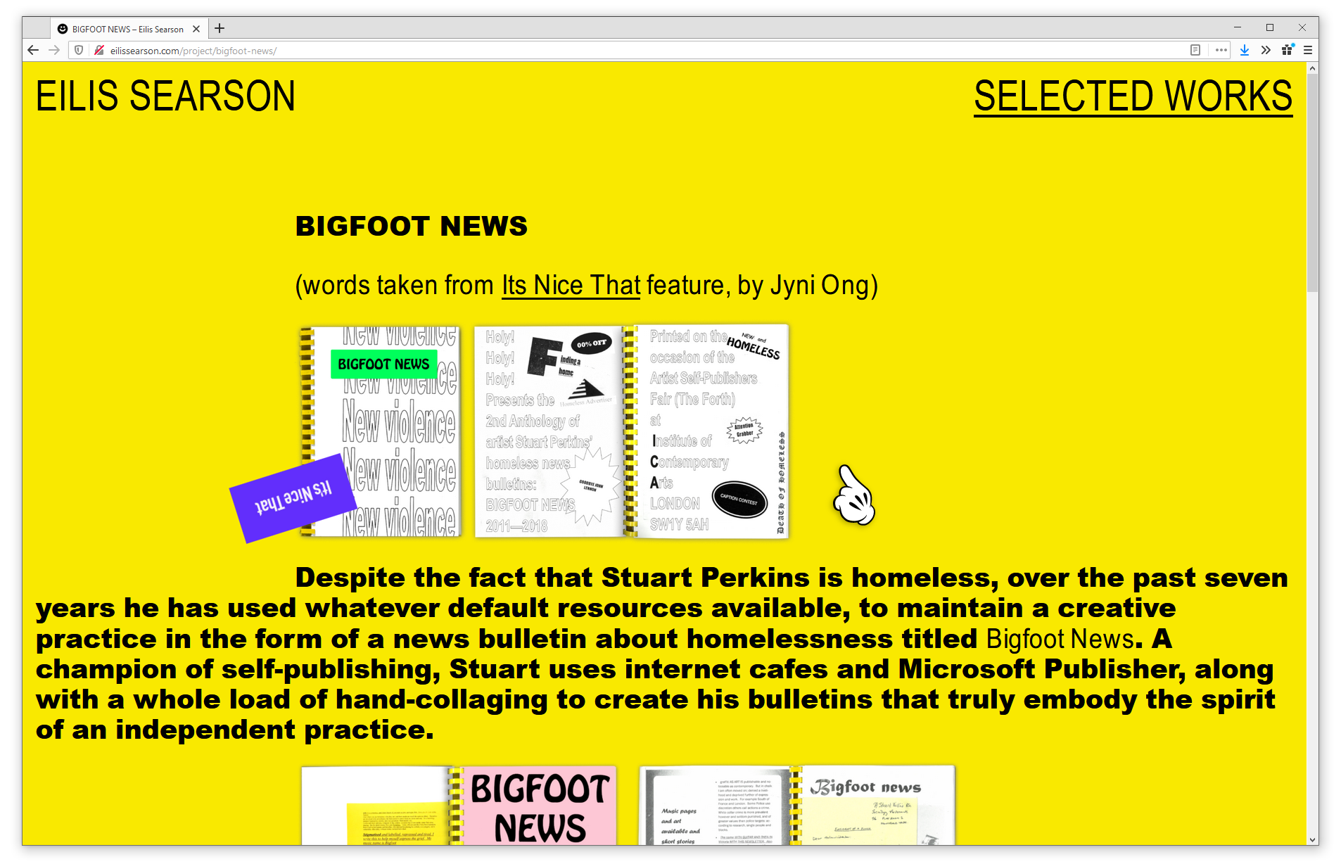 Screenshot of web browser showing a project page  on eilissearson.com. Heavy, black, sans-serif type is set on a bright yellow background. Scanned images of a magazine sit between the paragraphs. The title reads 'BIGFOOT NEWS'.