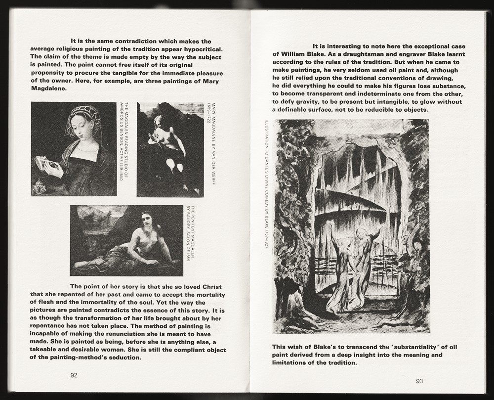 The book 'Ways of Seeing' is open on page 92-93. A few paragraphs in heavy type and three small, black and white images are visible.