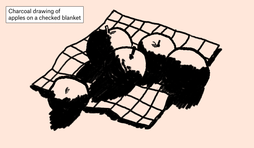 Apples on checked blanket with overlaid text: Apples on checked blanket