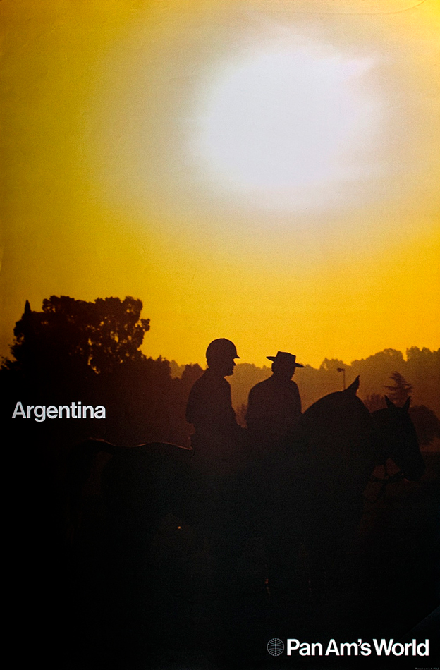 A 1971 poster for PanAm shows men on horseback against a sunset. Text reads 'Argentina / PanAms World'.