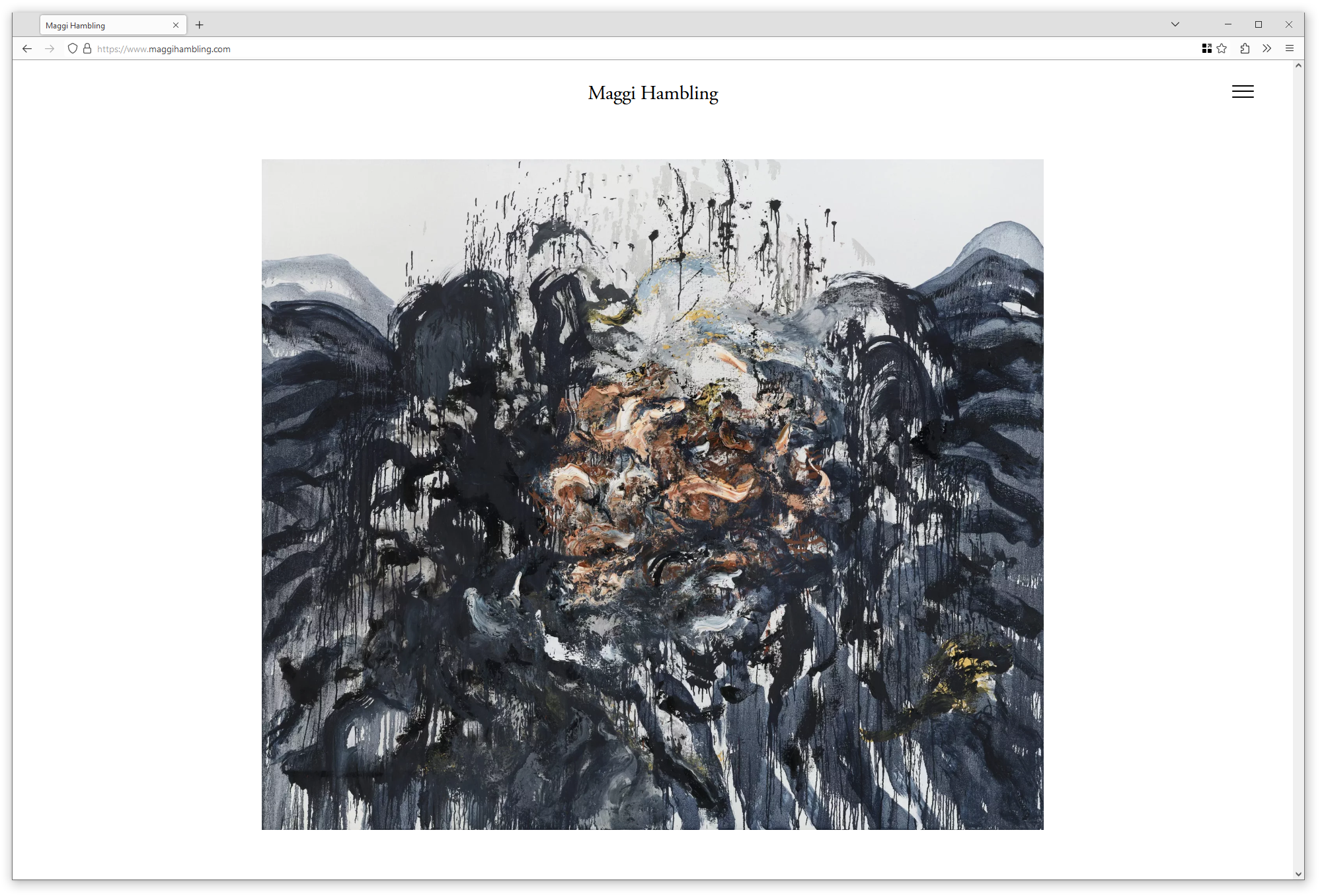 Browser screenshot showing website with large reproduction of an expressionist painting. Title in serif type reads: Maggi Hambling