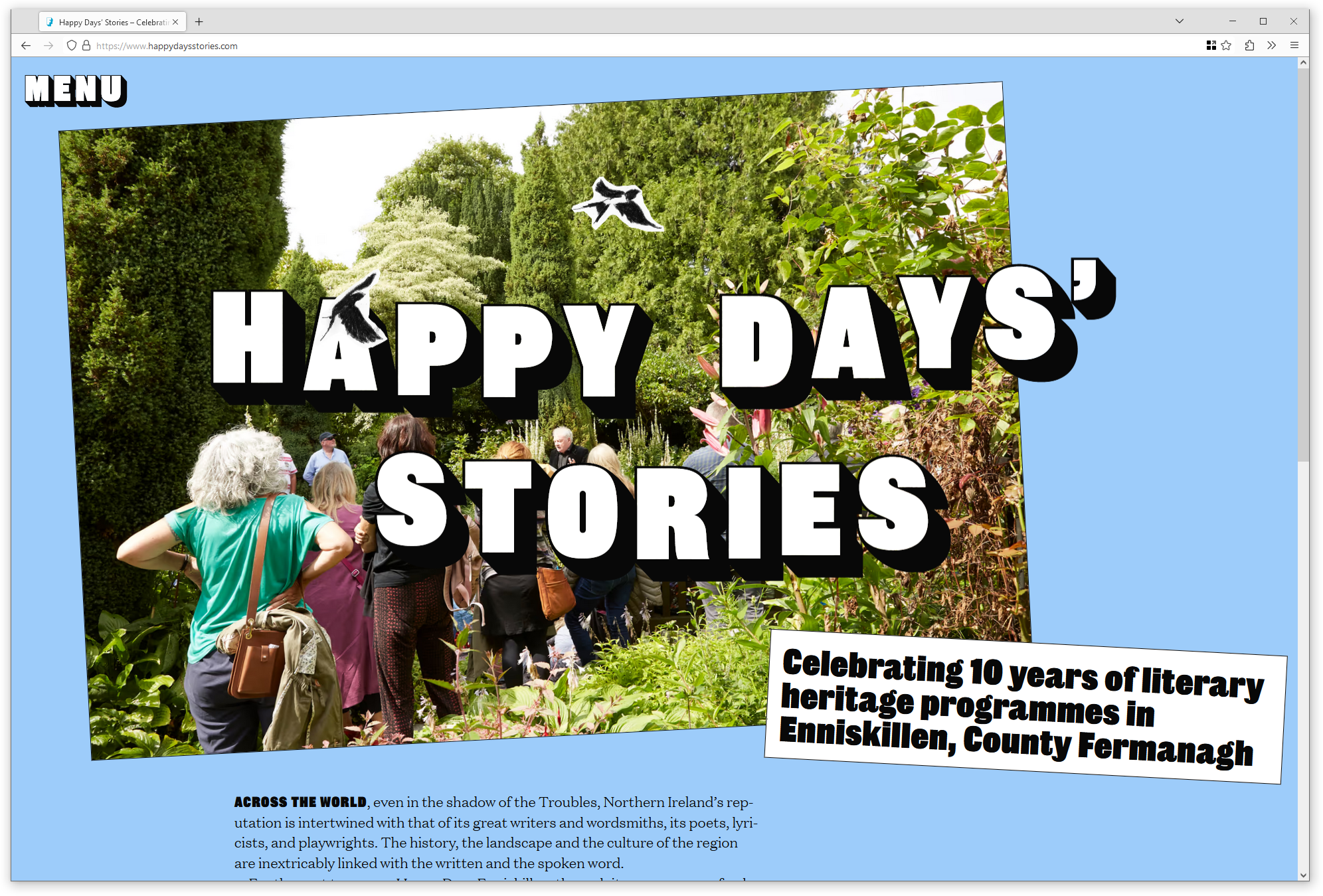 Browser screenshot showing website with large type reading Happy Days Stories