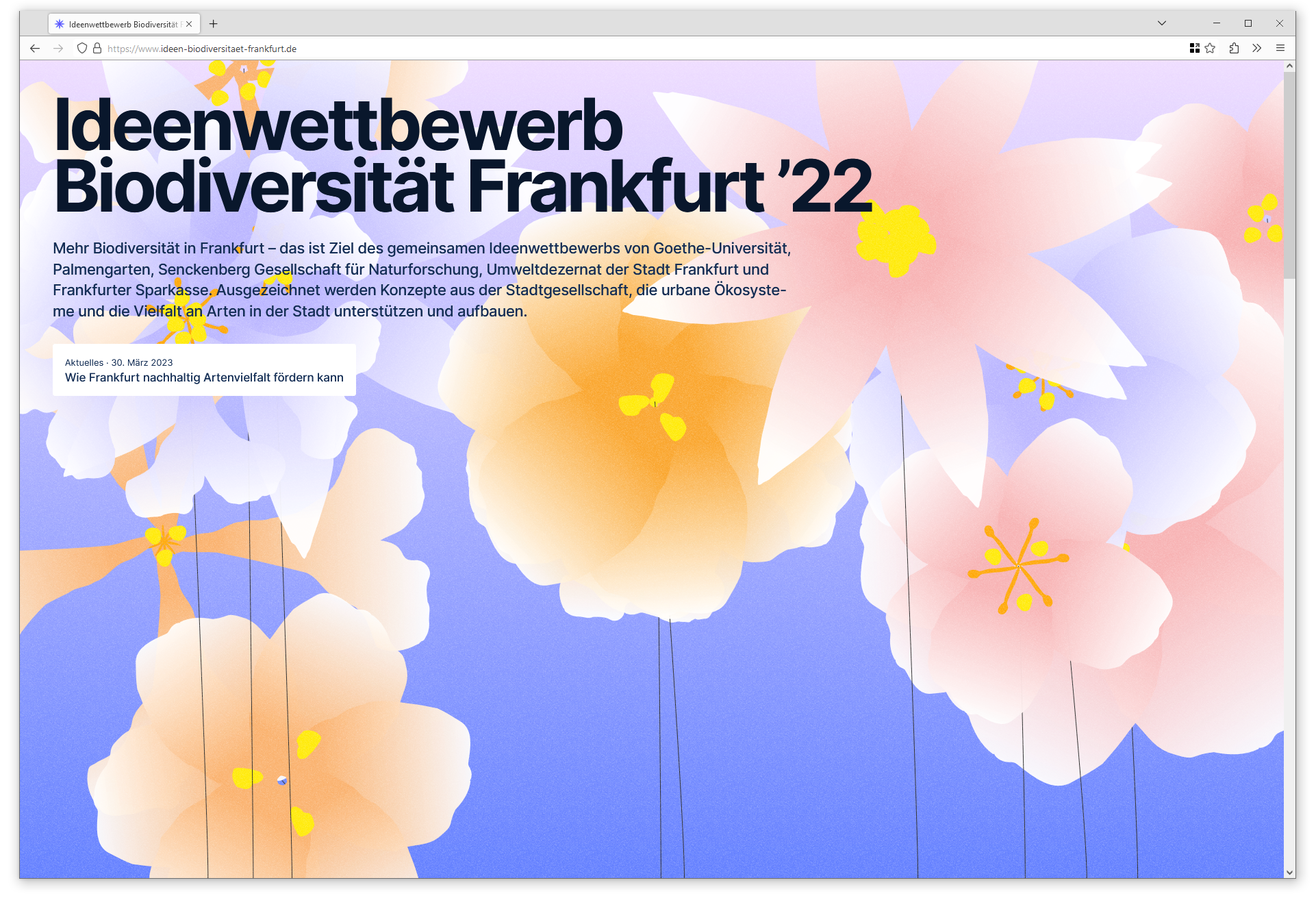 Browser screenshot showing website with vibrant illustration of flowers. Title reads: Ideenwettbewerb Biodiversität 22