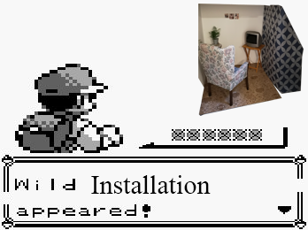 Meme in wich a photo of an art installation under a staircase in White City is superimposed over a screenshot of the combat-screen in the Pokemon video game. Caption reads: Wild Installation appeared!