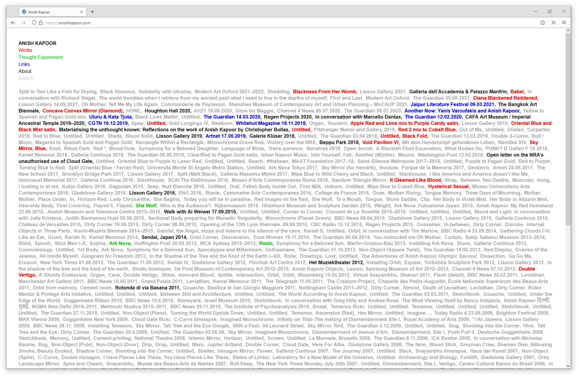 Browser screenshot showing website with hundreds of links in grey, blue, red, green, and black. Title reads: Anish Kapoor