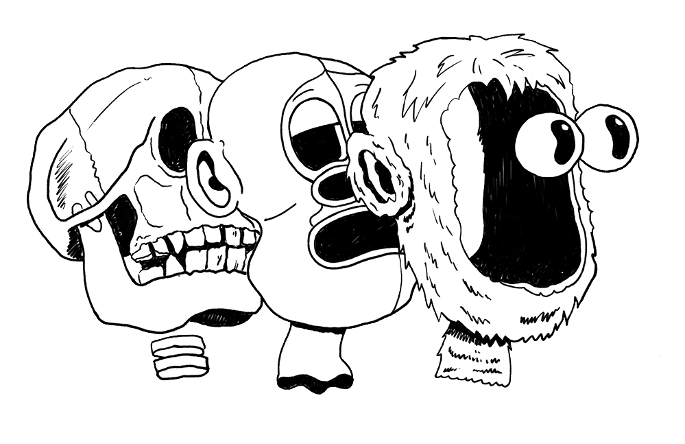 Explosion diagram of a cartoon monkey's head. Skull, skin, fur and eyes are spread horizontally on white ground.