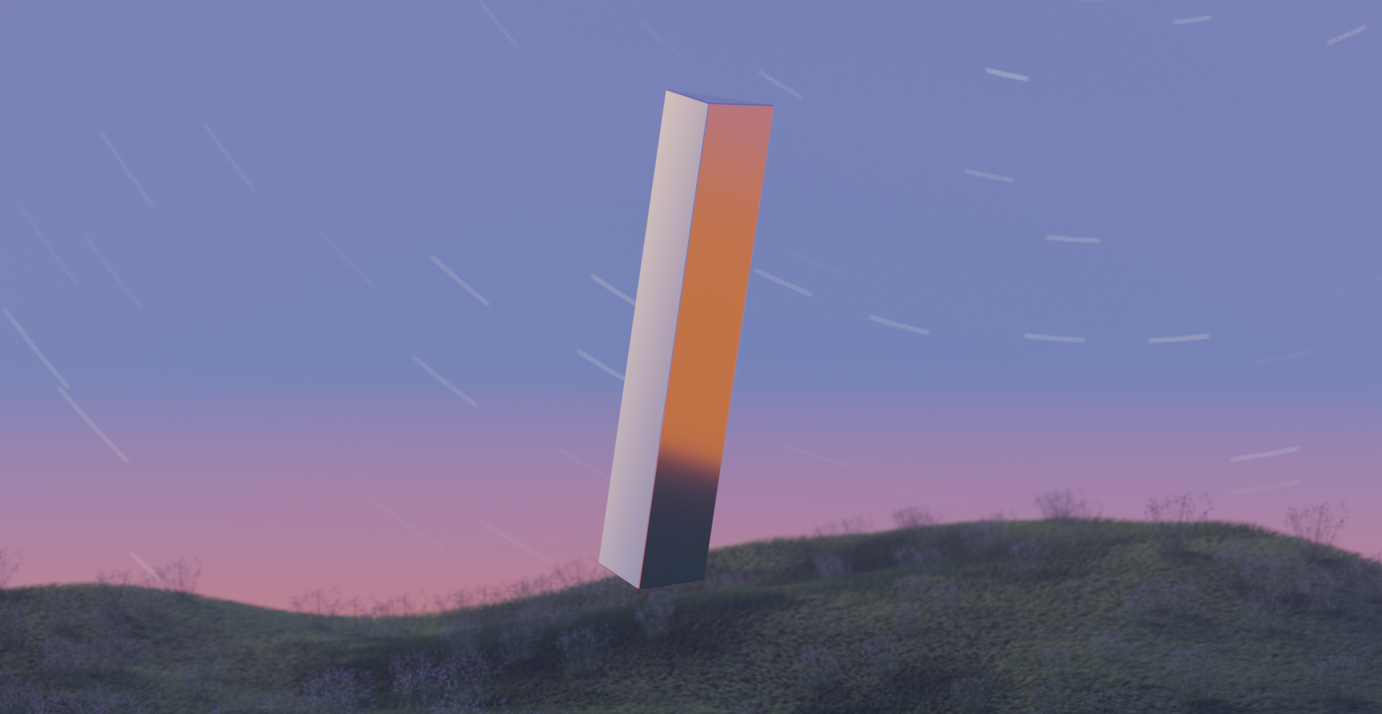 3d rendering of a silver monolith floating above a grassy field