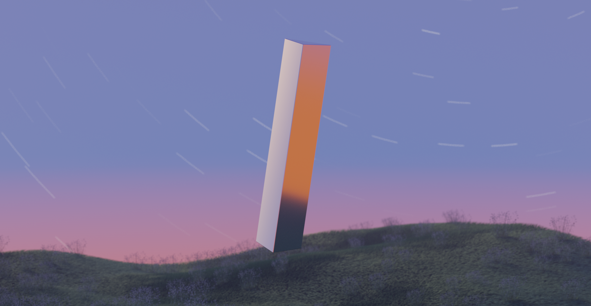 3d rendering of a silver monolith floating above a grassy field
