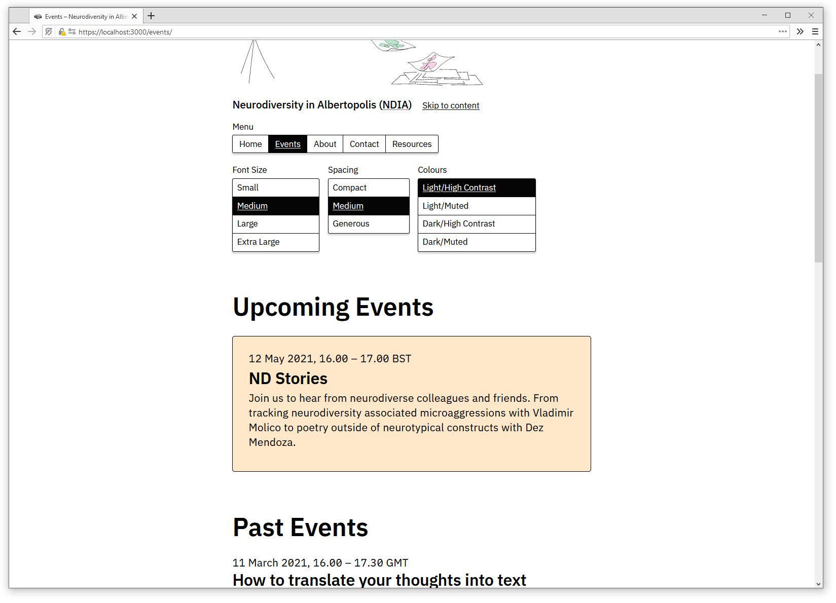 Screenshot of NDIA website. A header illustration, site menu, and a list of upcoming and past events is visible.