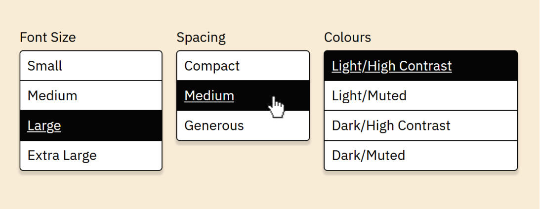 Screenshot of buttons to adjust font size, spacing, and colours.