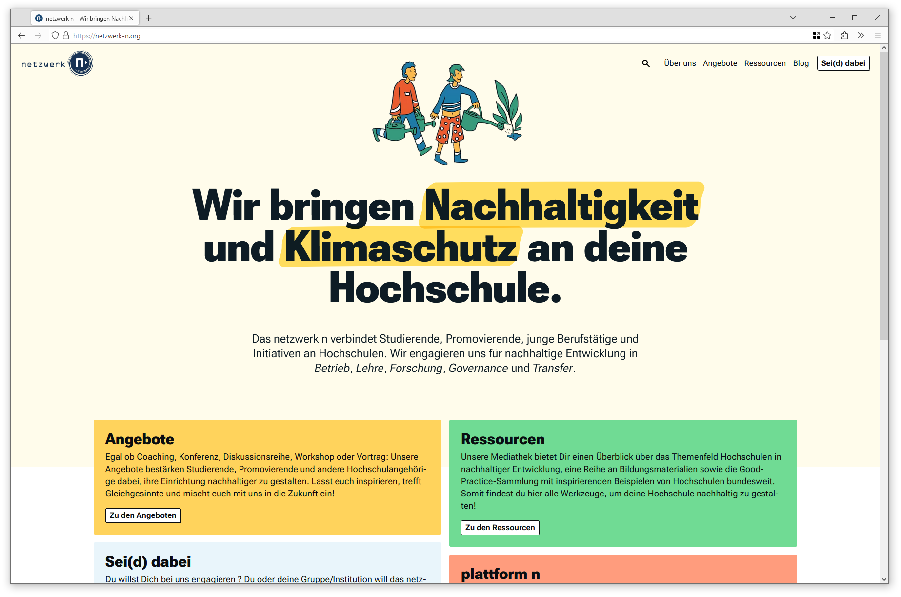 Screenshot of Netzwerk N. Large headline in bold, sans-serif type reads: Wir bringen Nachhaltigkeit und Klimaschutz and deine Hochschule.