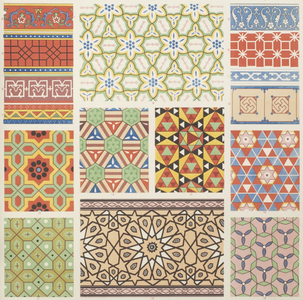 A page from "The Grammar of Ornament", showing 10 panels of different geometric patterns in bright colours.