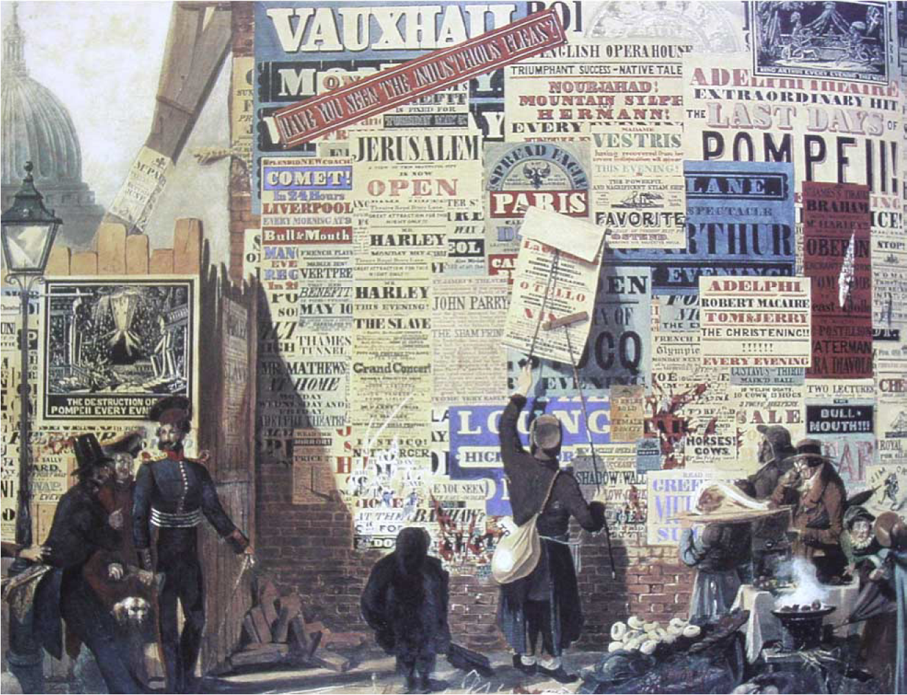 Watercolour showing a brick wall covered in layers of blue, red, black, and white advertising posters. St. Paul's cathedral is seen in the background.