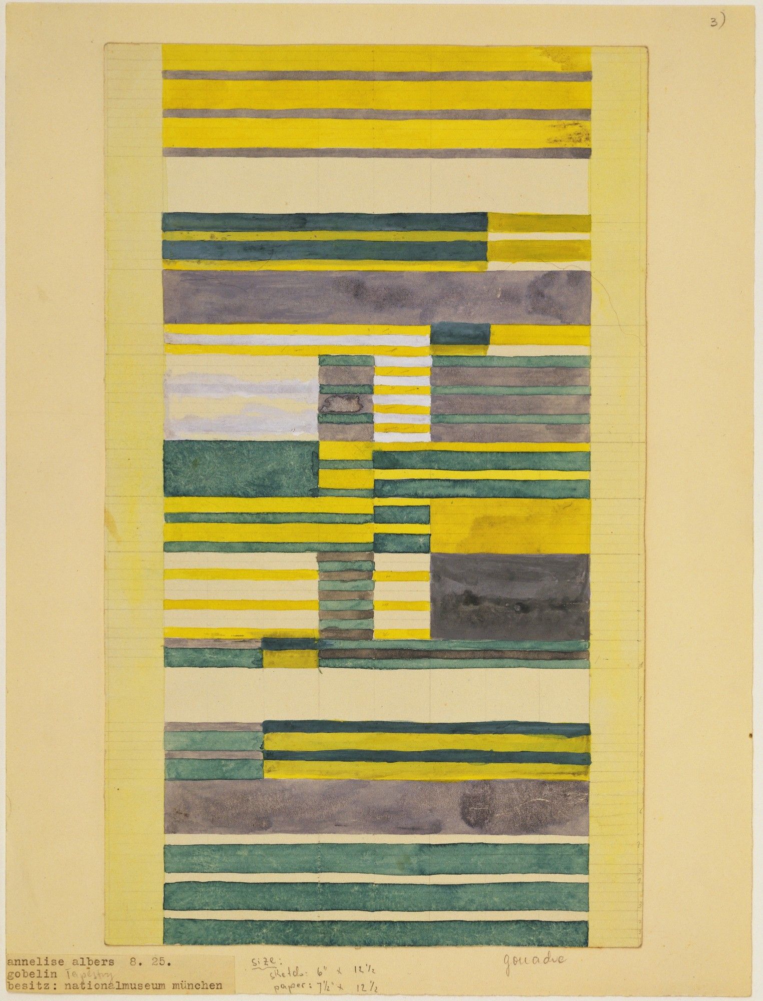 Abstract design for a wall hanging in light yellow, dark teal and pruple