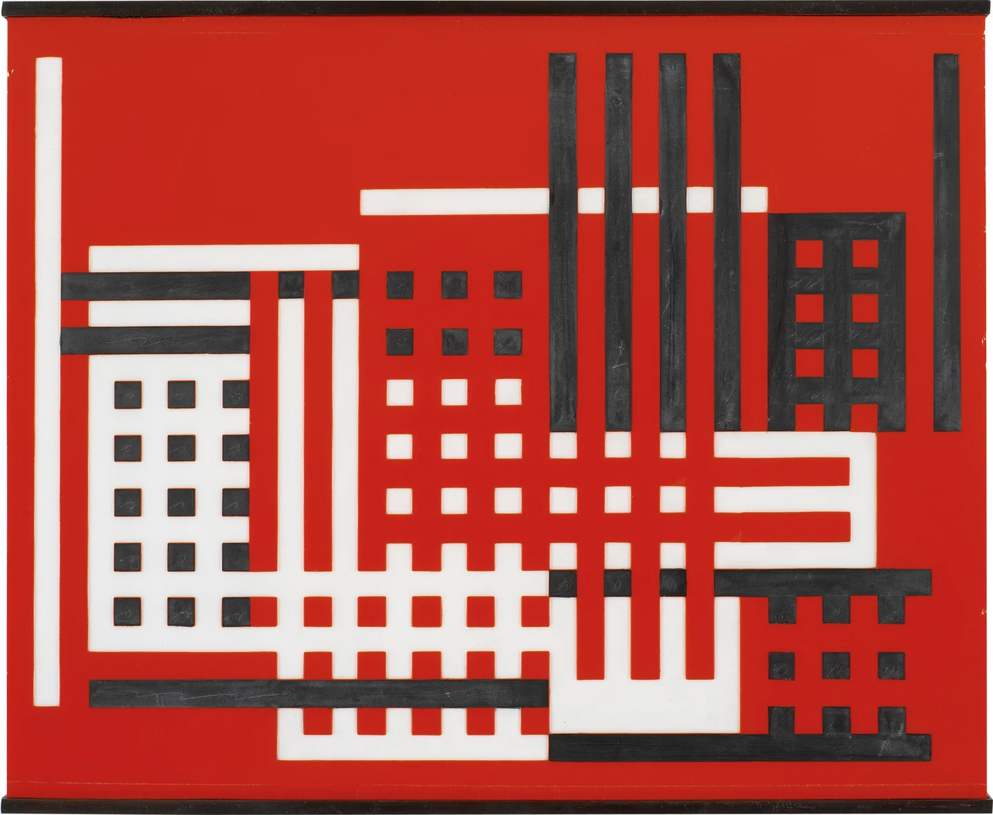 Abstract composition of white and black blocks on deep red ground