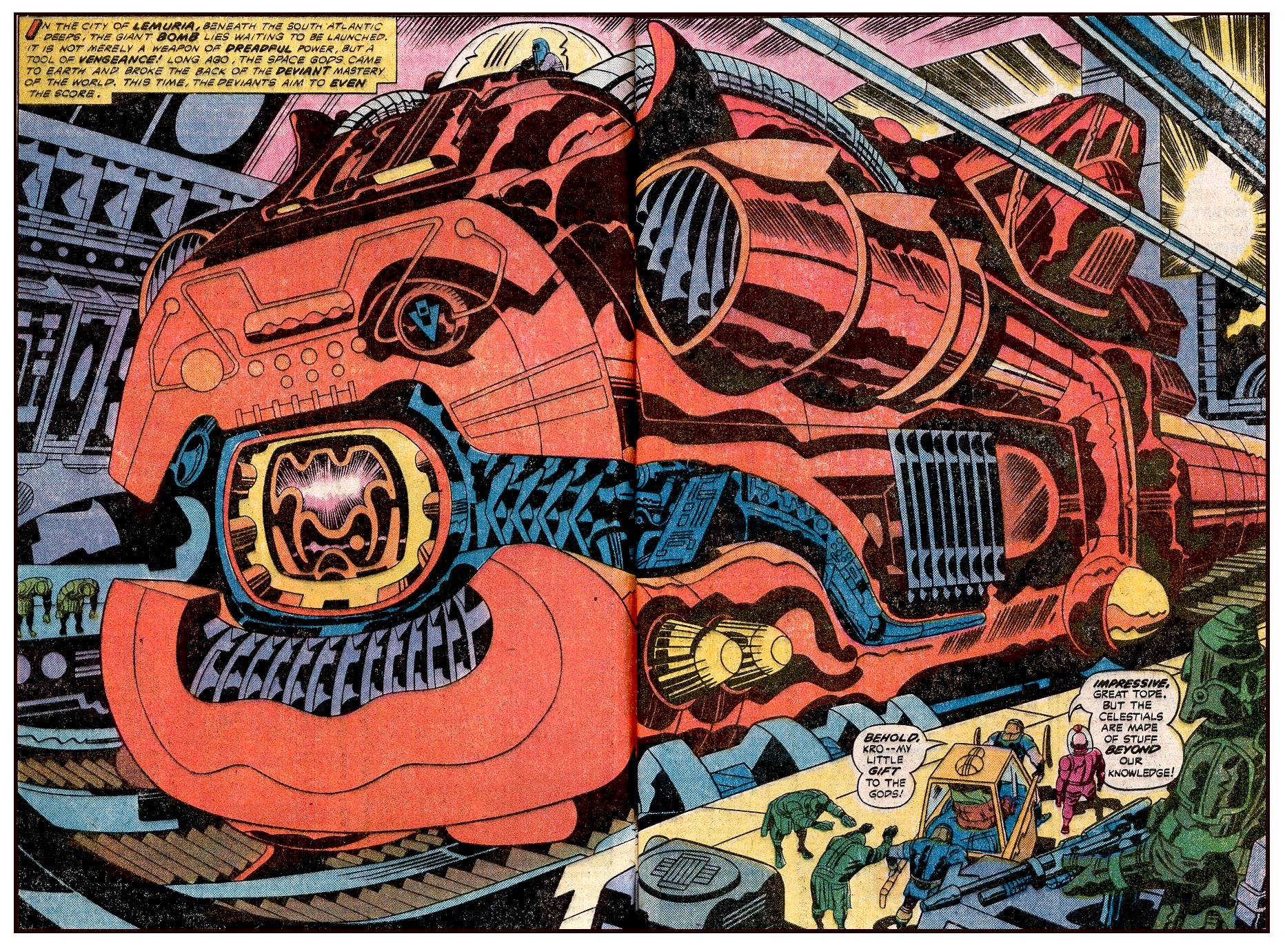 Comic book open to a double-page image showing an enormous red machine. Smaller figures are in the foreground. Speech bubble reads "BEHOLD, KRO -- MY LITTLE GIFT TO THE GODS"