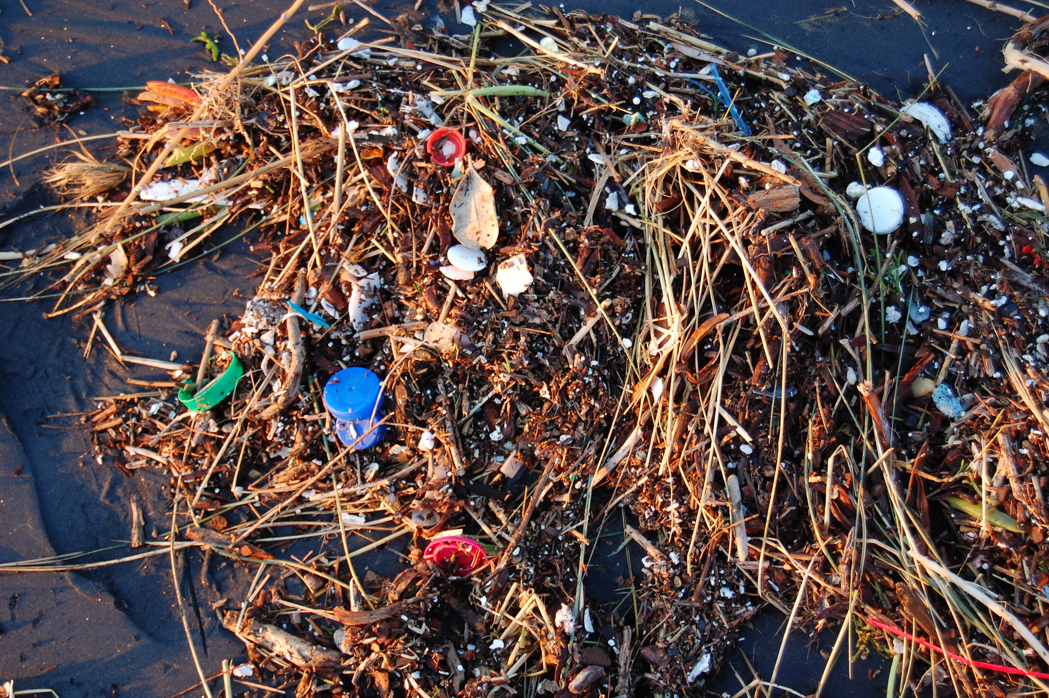 Plastic debris is washed up on a beach.