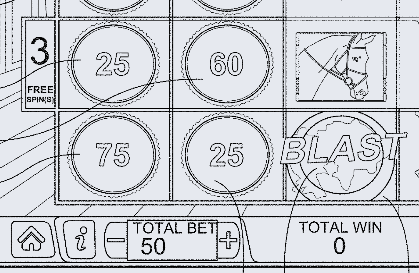 Cropped patent drawing showing slot reels with numbers and a horse's head